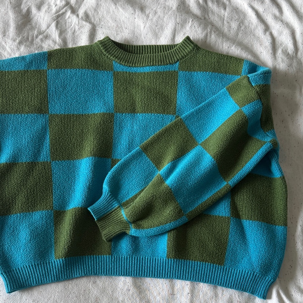Blue and Green Checkered Women’s Knit Sweater Cropped - XS or XXS